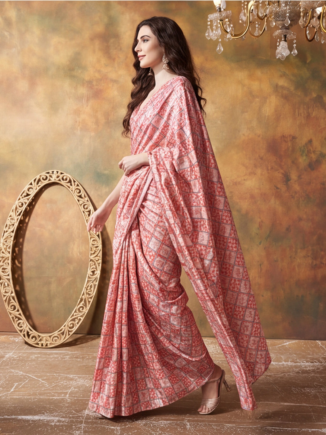 Trending Printed Chinon Ready To Wear Saree With Unstitched Blouse