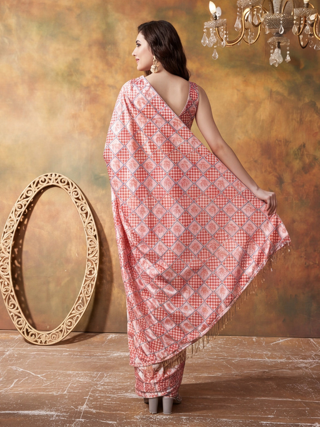 Trending Printed Chinon Ready To Wear Saree With Unstitched Blouse
