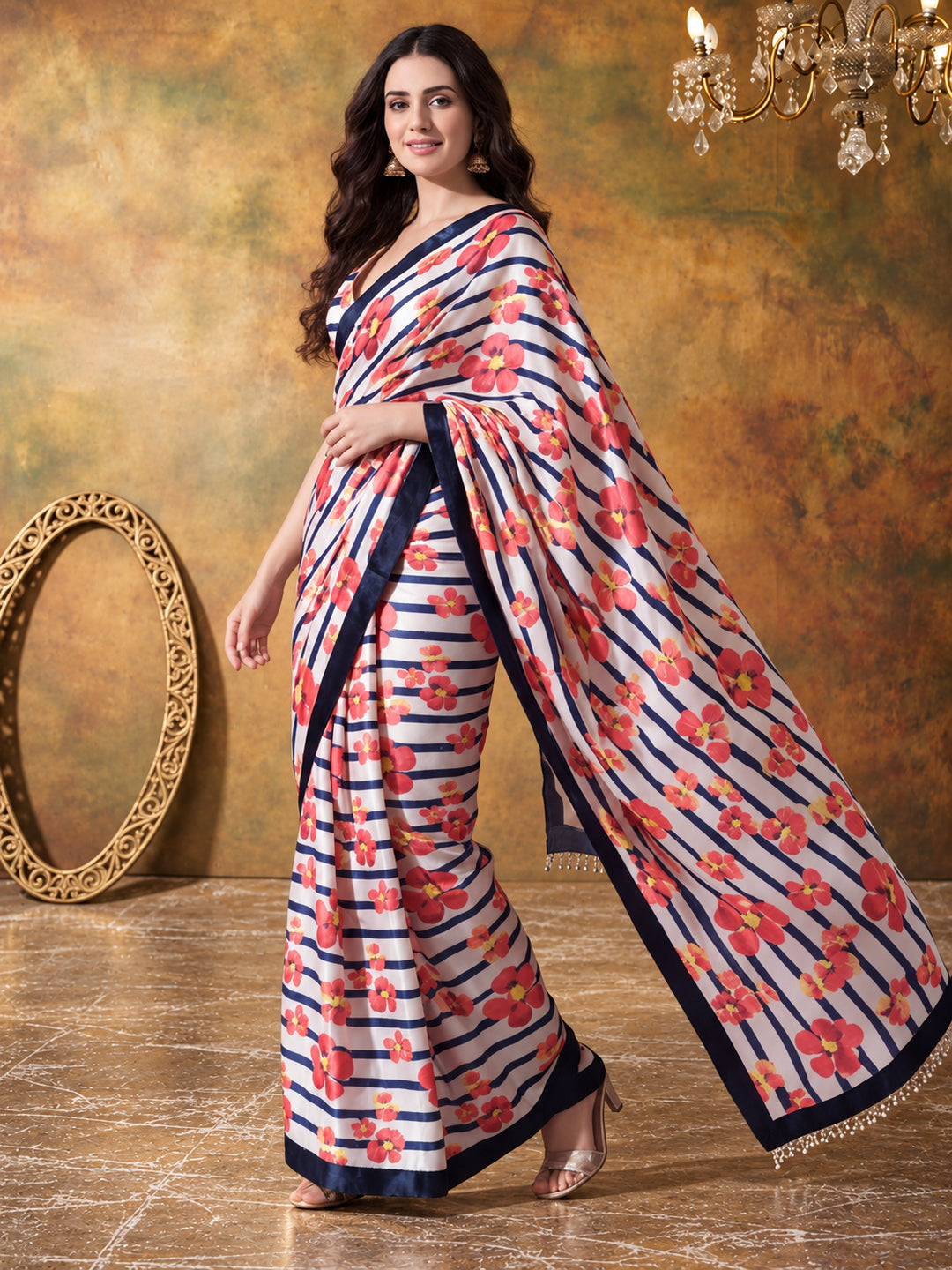 Trending Printed Chinon Ready To Wear Saree With Unstitched Blouse