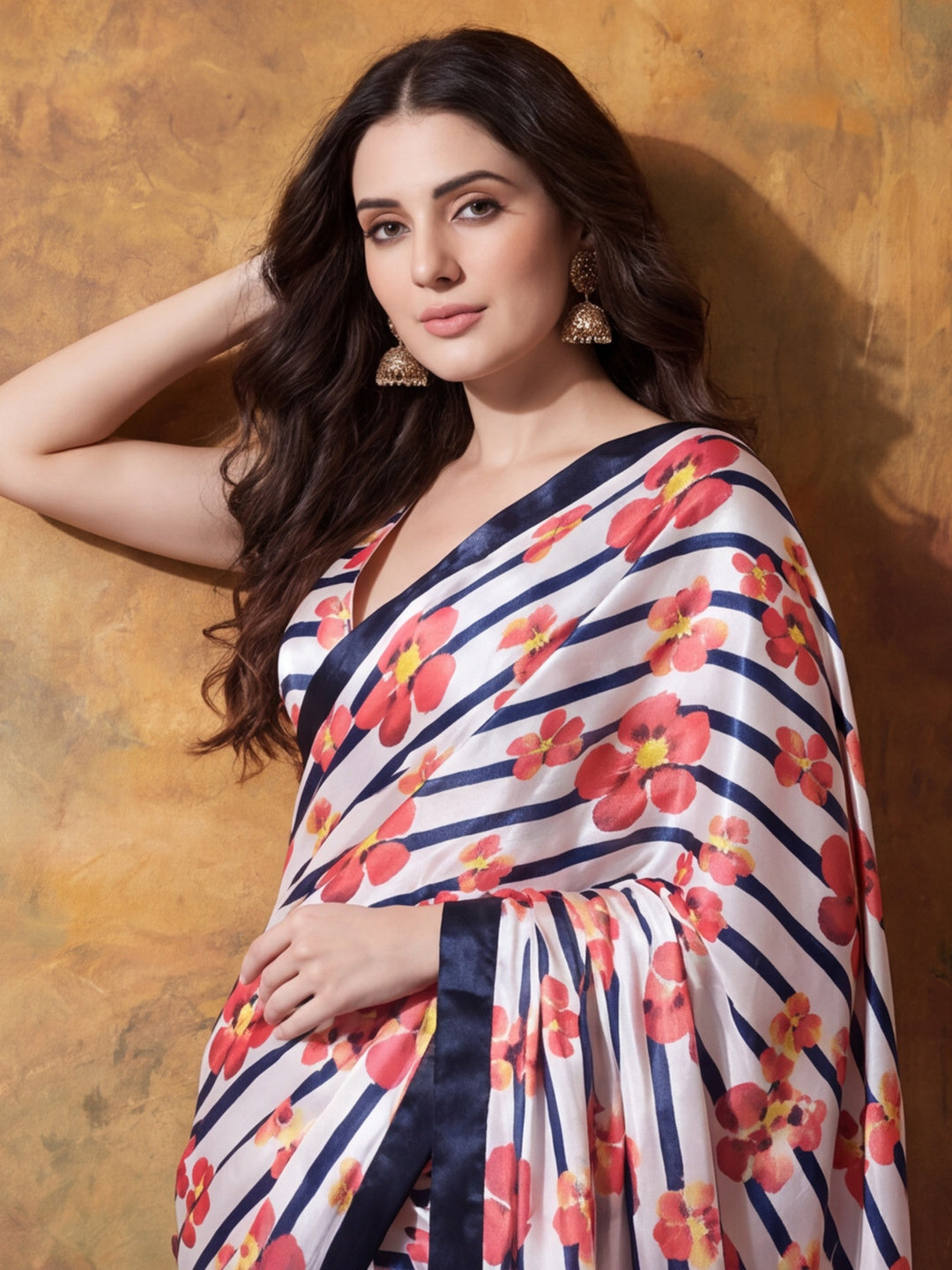 Trending Printed Chinon Ready To Wear Saree With Unstitched Blouse