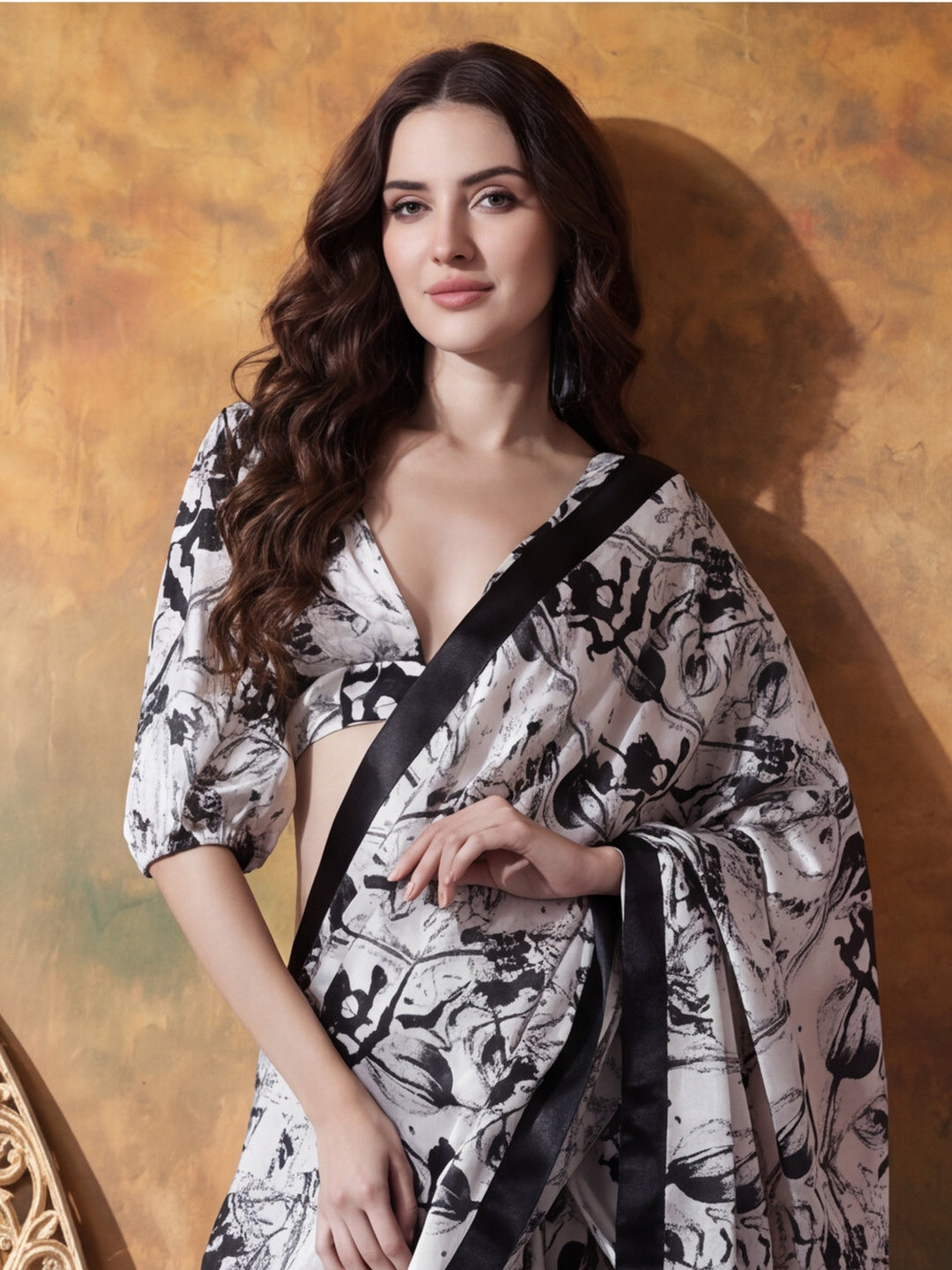 Trending Printed Chinon Ready To Wear Saree With Unstitched Blouse