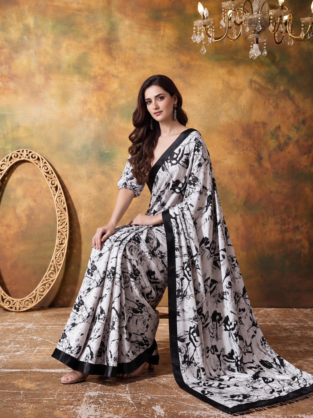 Trending Printed Chinon Ready To Wear Saree With Unstitched Blouse