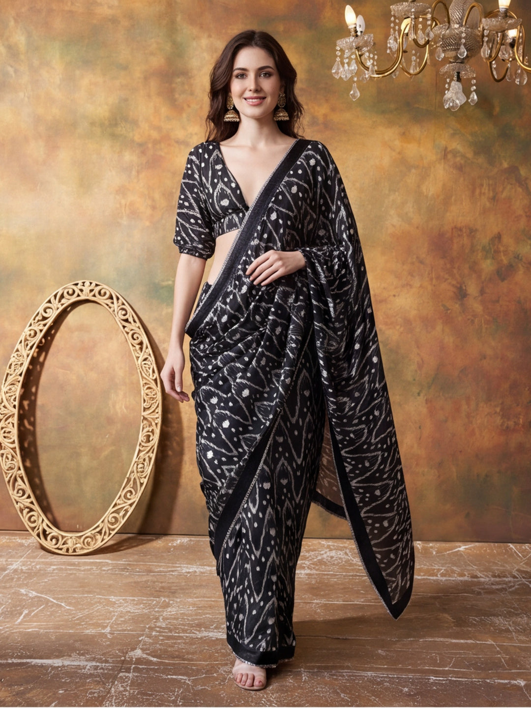 Trending Printed Chinon Ready To Wear Saree With Unstitched Blouse