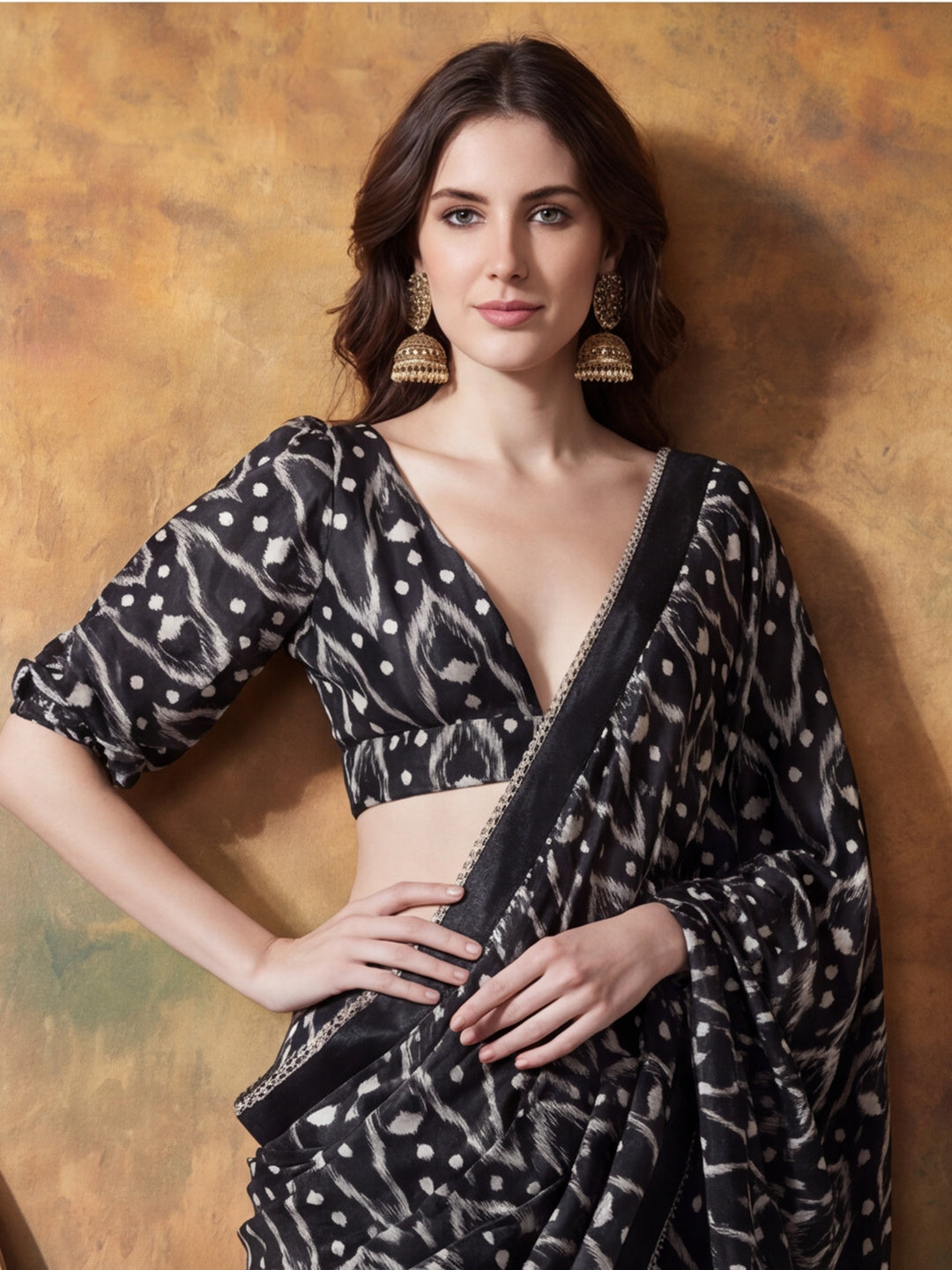Trending Printed Chinon Ready To Wear Saree With Unstitched Blouse