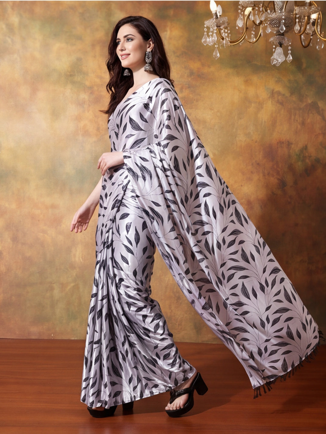 Trending Printed Chinon Ready To Wear Saree With Unstitched Blouse