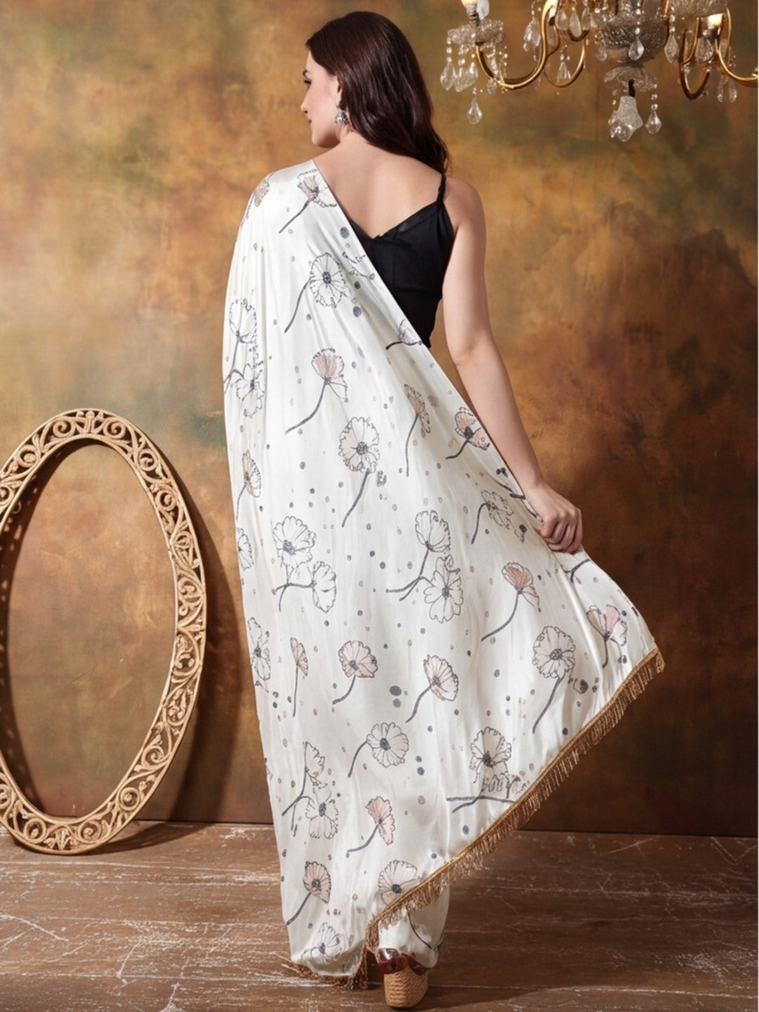 Trending Printed Chinon Ready To Wear Saree With Unstitched Blouse