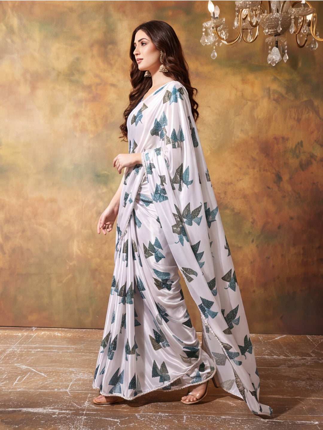 Trending Printed Chinon Ready To Wear Saree With Unstitched Blouse