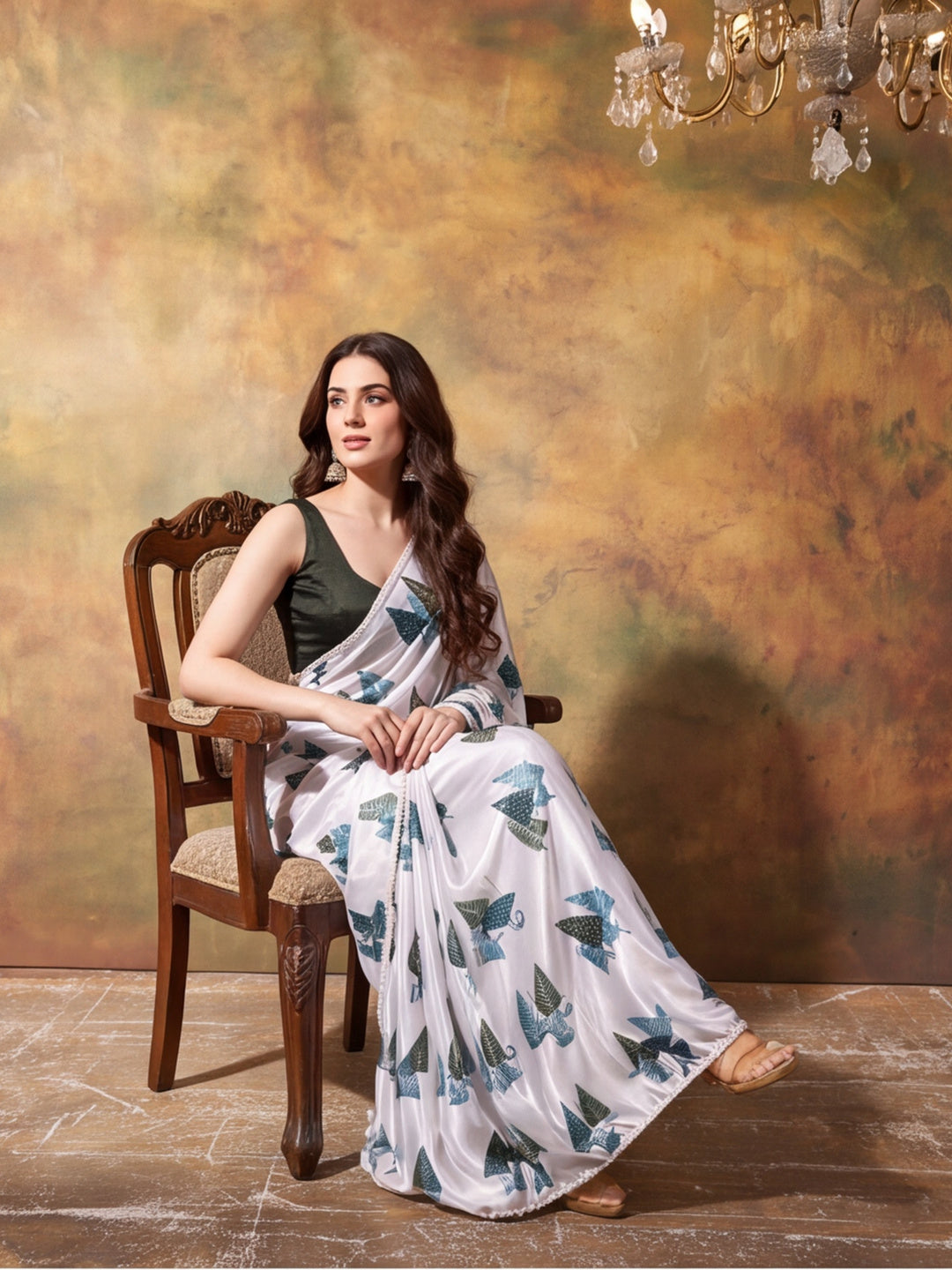Trending Printed Chinon Ready To Wear Saree With Unstitched Blouse