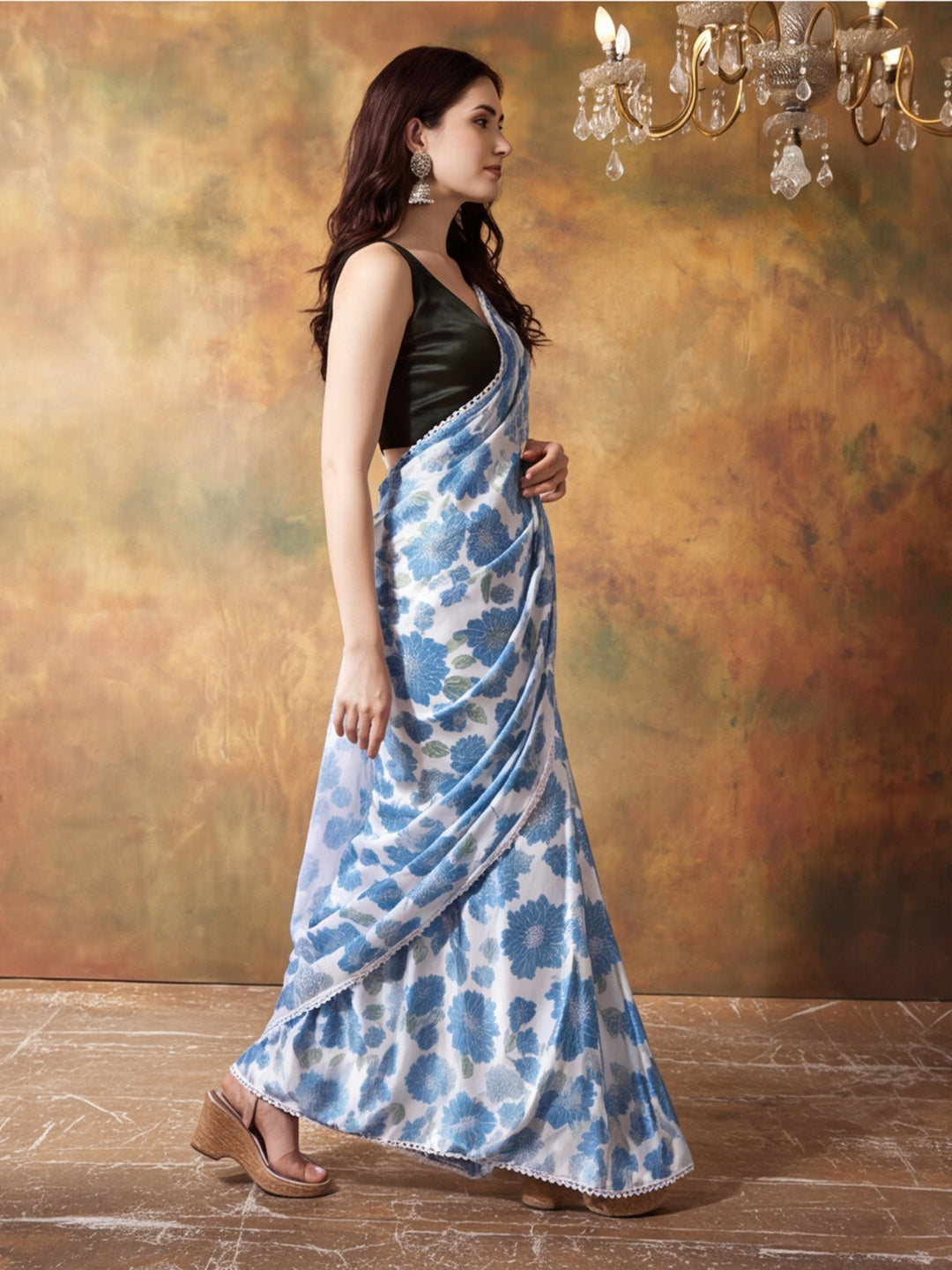 Trending Printed Chinon Ready To Wear Saree With Unstitched Blouse