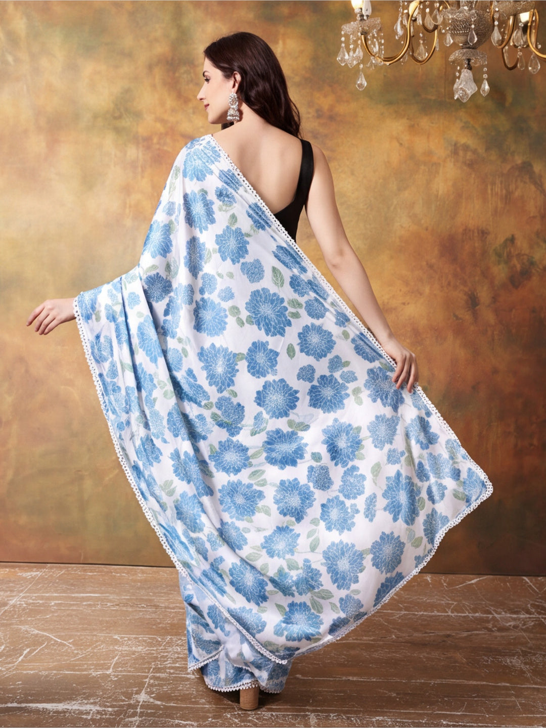 Trending Printed Chinon Ready To Wear Saree With Unstitched Blouse
