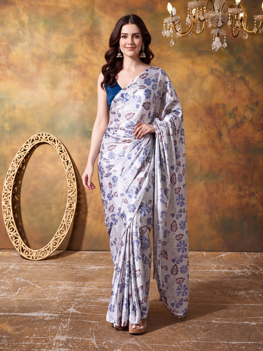 Trending Printed Chinon Ready To Wear Saree With Unstitched Blouse