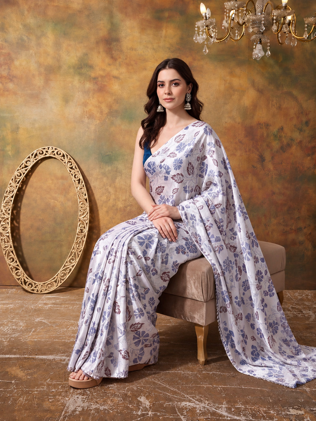 Trending Printed Chinon Ready To Wear Saree With Unstitched Blouse