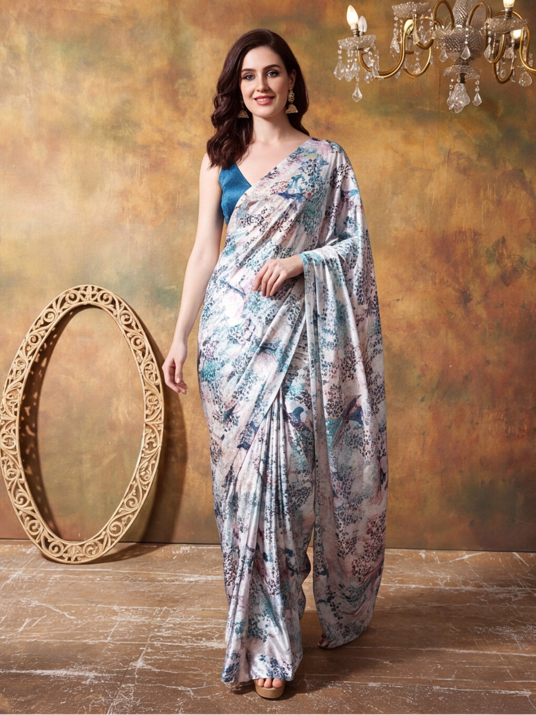 Trending Printed Chinon Ready To Wear Saree With Unstitched Blouse