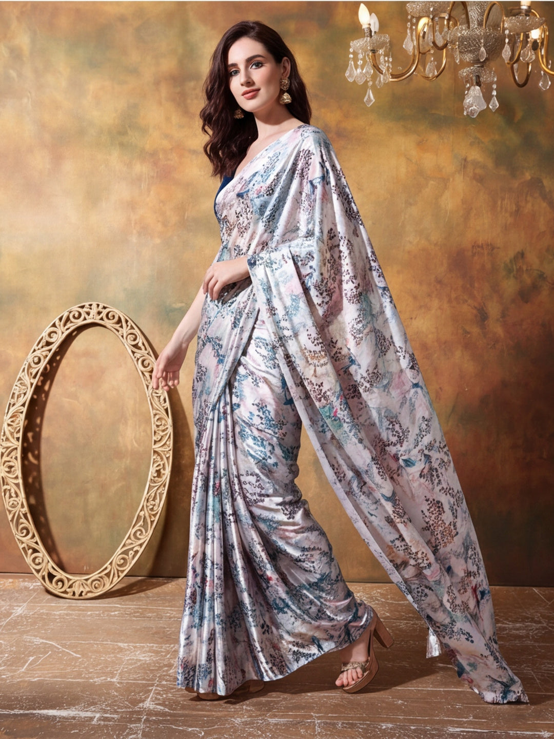 Trending Printed Chinon Ready To Wear Saree With Unstitched Blouse