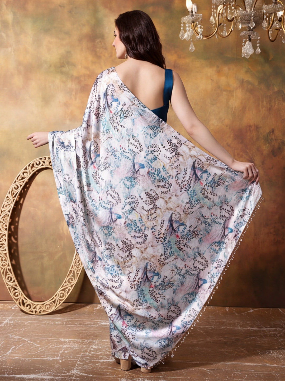 Trending Printed Chinon Ready To Wear Saree With Unstitched Blouse
