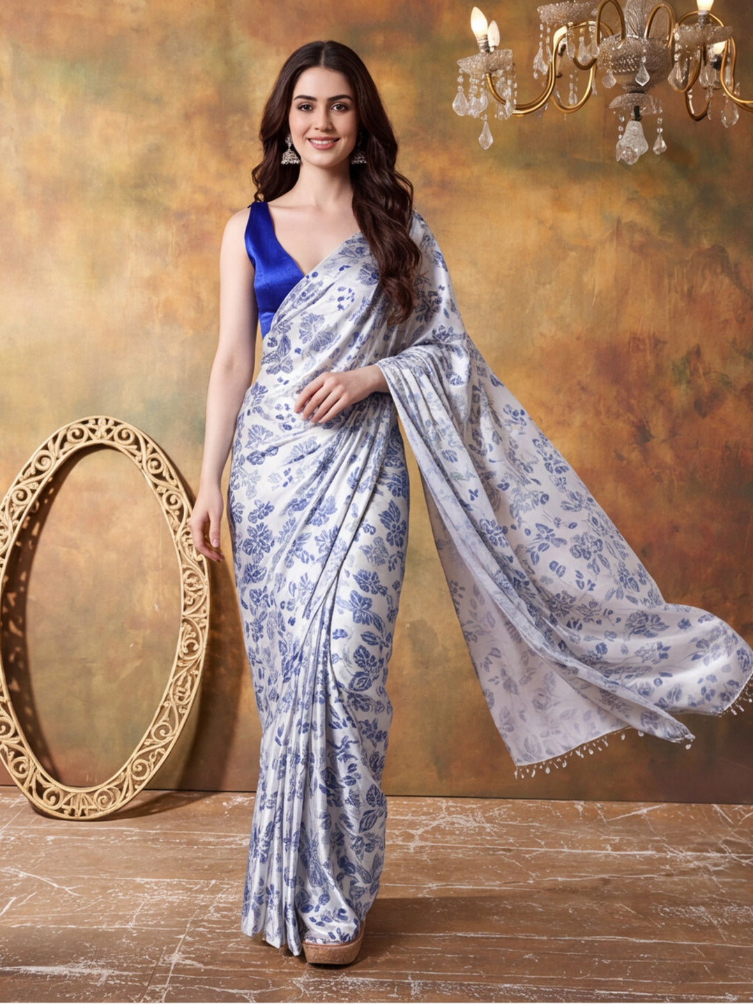 Trending Printed Chinon Ready To Wear Saree With Unstitched Blouse