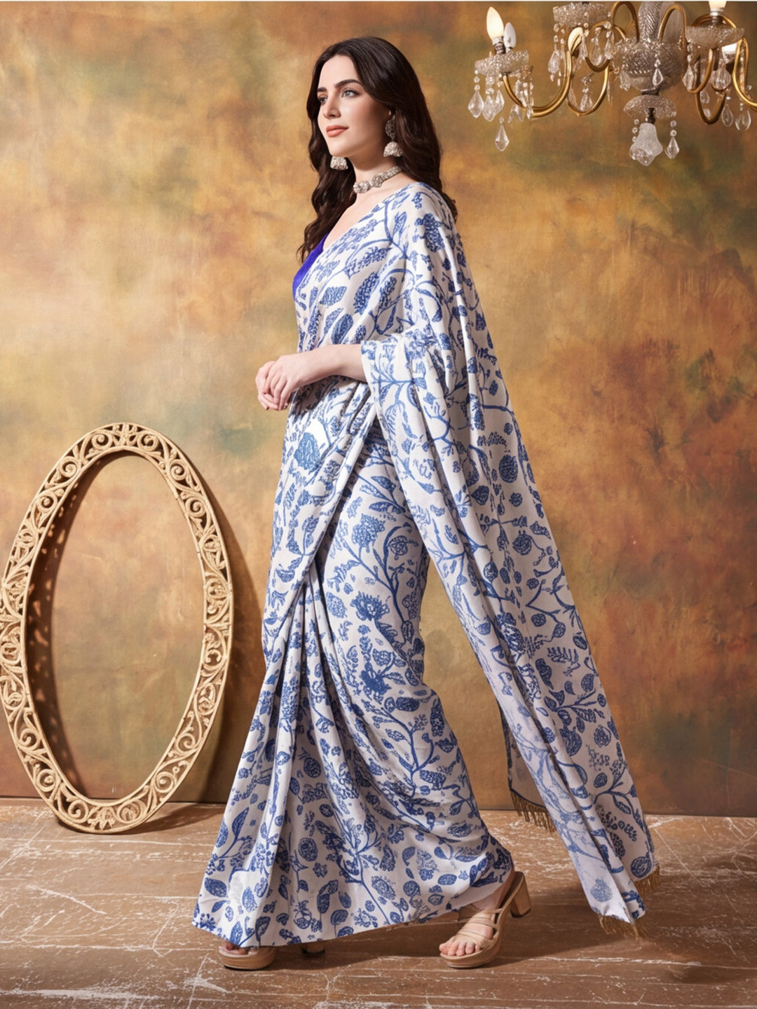 Trending Printed Chinon Ready To Wear Saree With Unstitched Blouse
