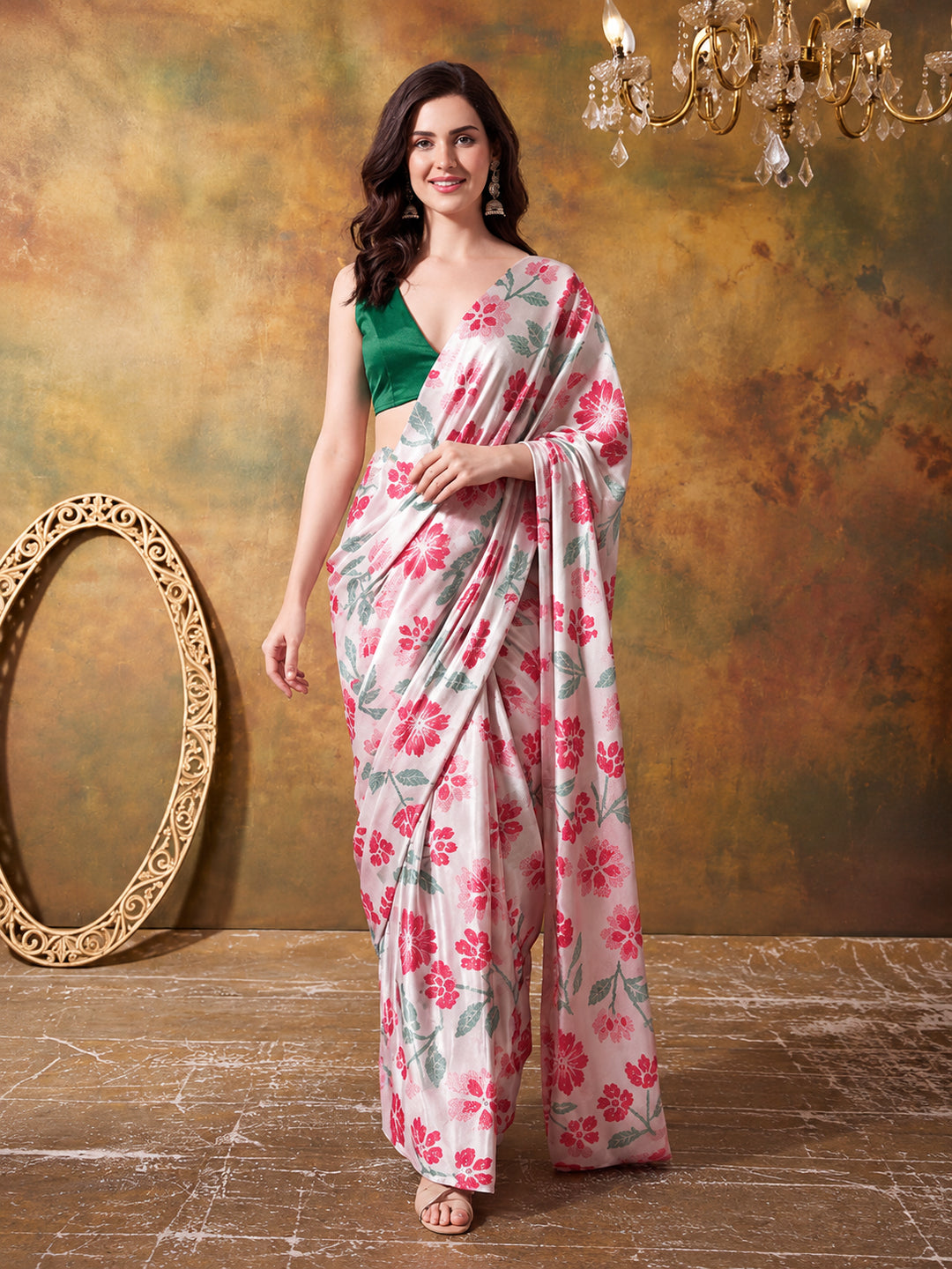 Trending Printed Chinon Ready To Wear Saree With Unstitched Blouse