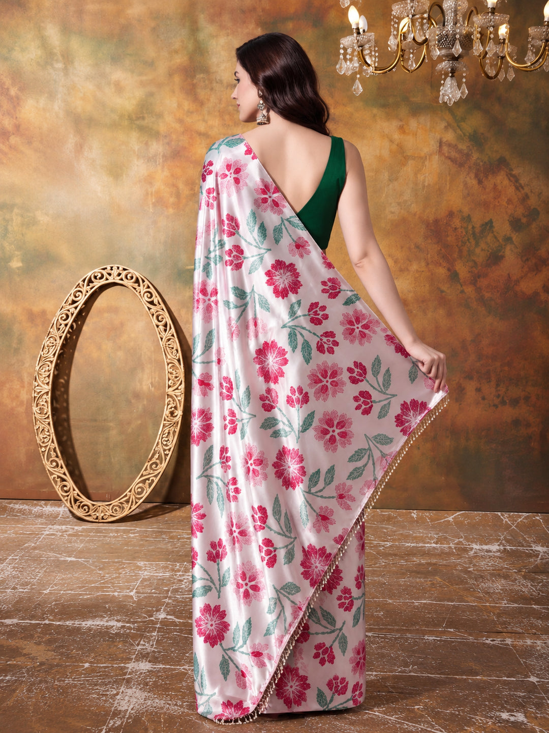 Trending Printed Chinon Ready To Wear Saree With Unstitched Blouse