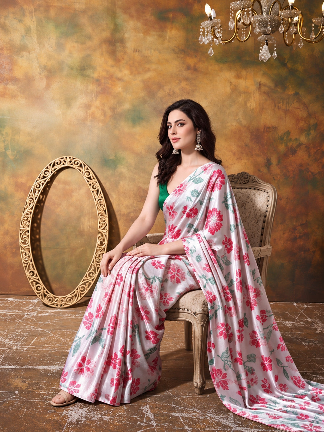 Trending Printed Chinon Ready To Wear Saree With Unstitched Blouse