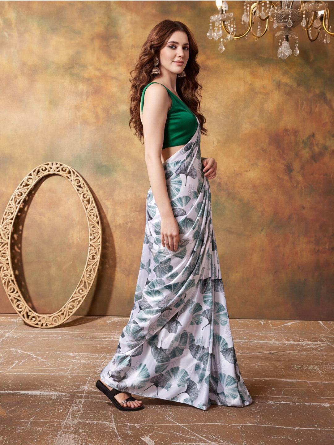 Trending Printed Chinon Ready To Wear Saree With Unstitched Blouse