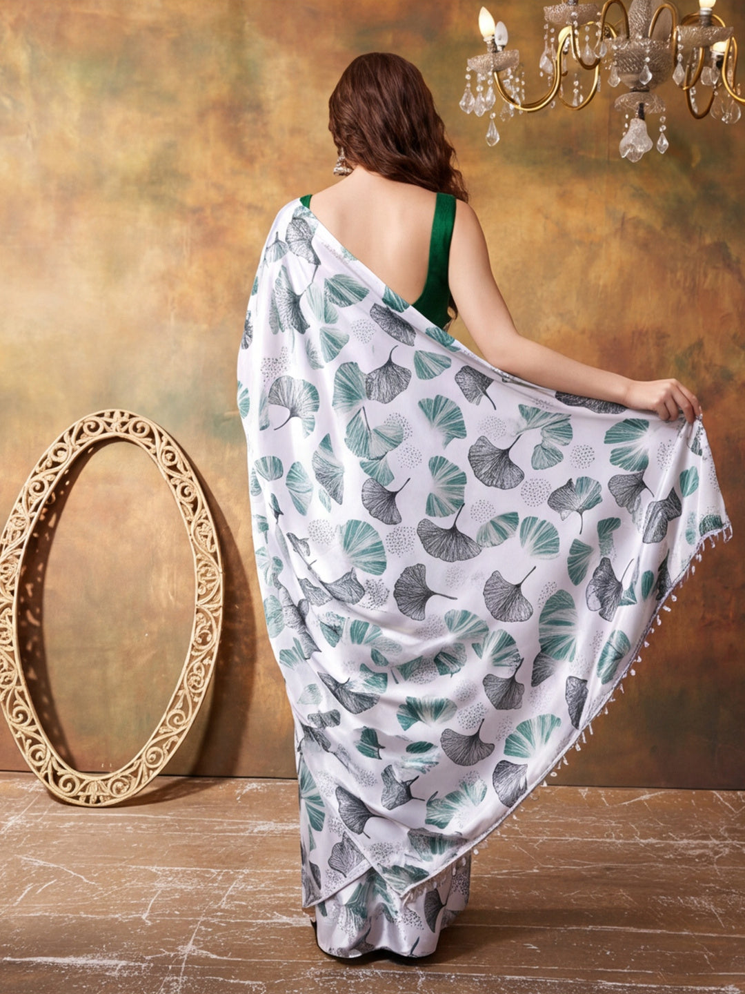Trending Printed Chinon Ready To Wear Saree With Unstitched Blouse