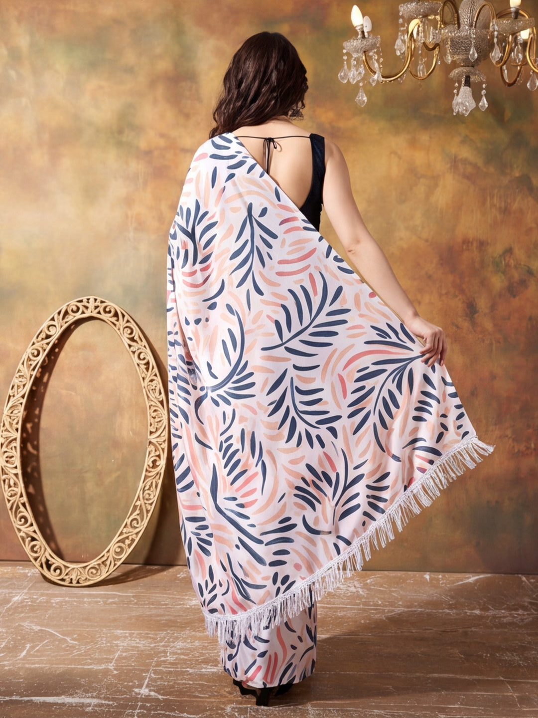 Trending Printed Chinon Ready To Wear Saree With Unstitched Blouse