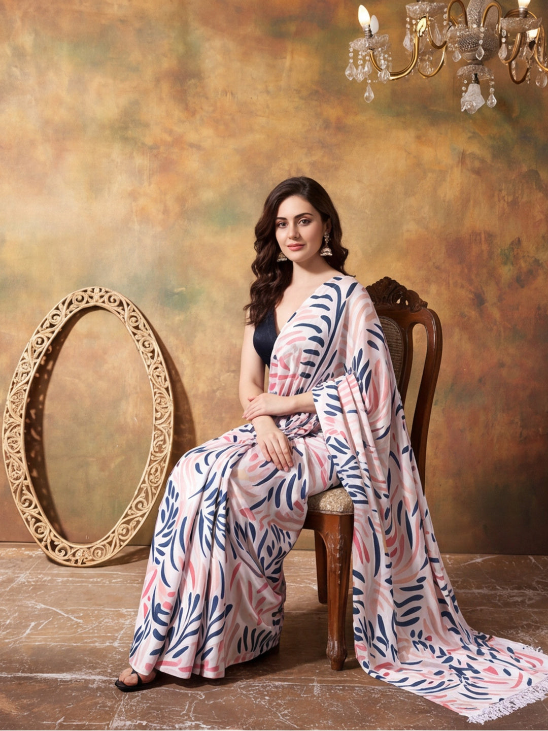 Trending Printed Chinon Ready To Wear Saree With Unstitched Blouse