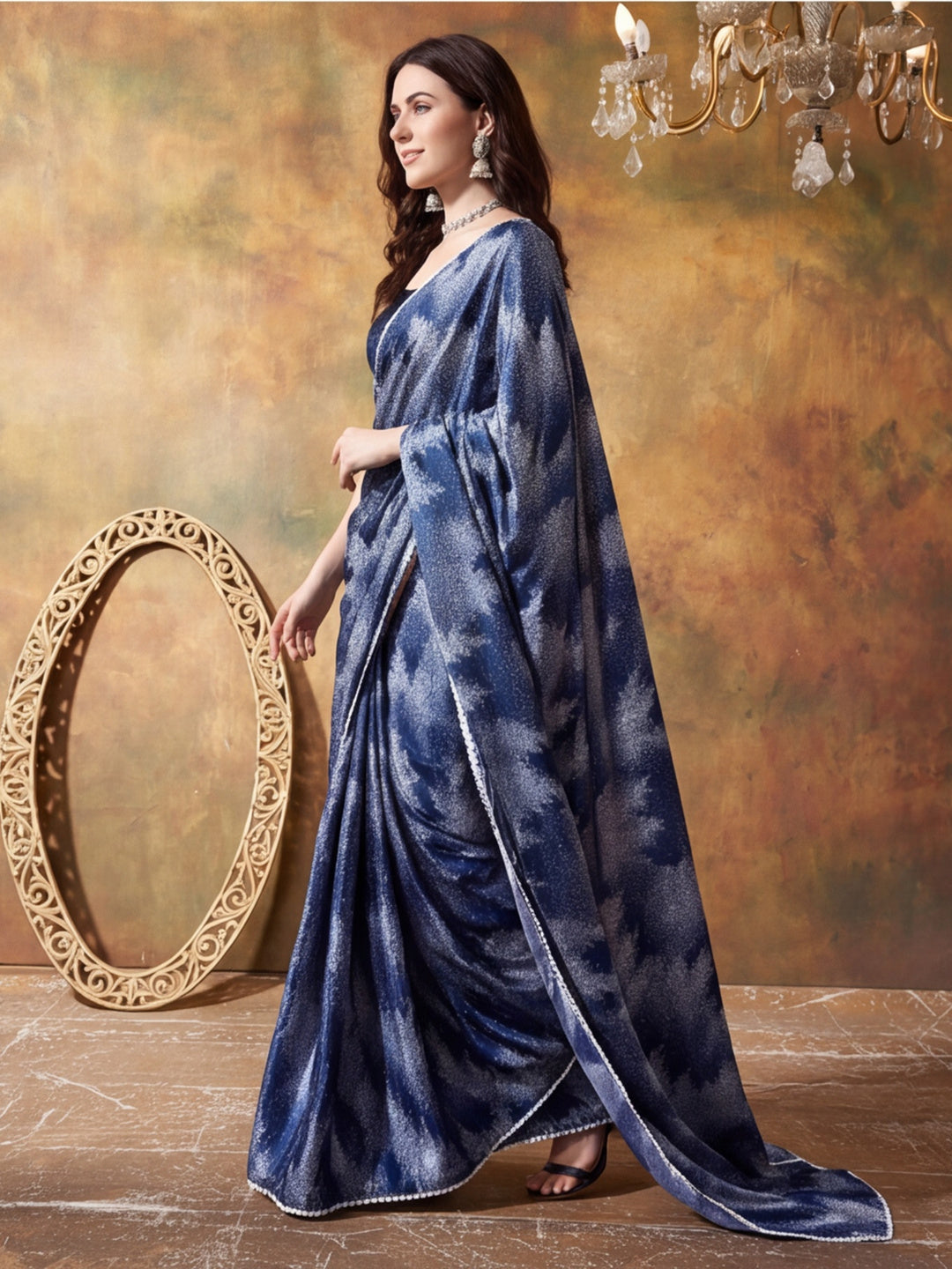 Trending Printed Chinon Ready To Wear Saree With Unstitched Blouse