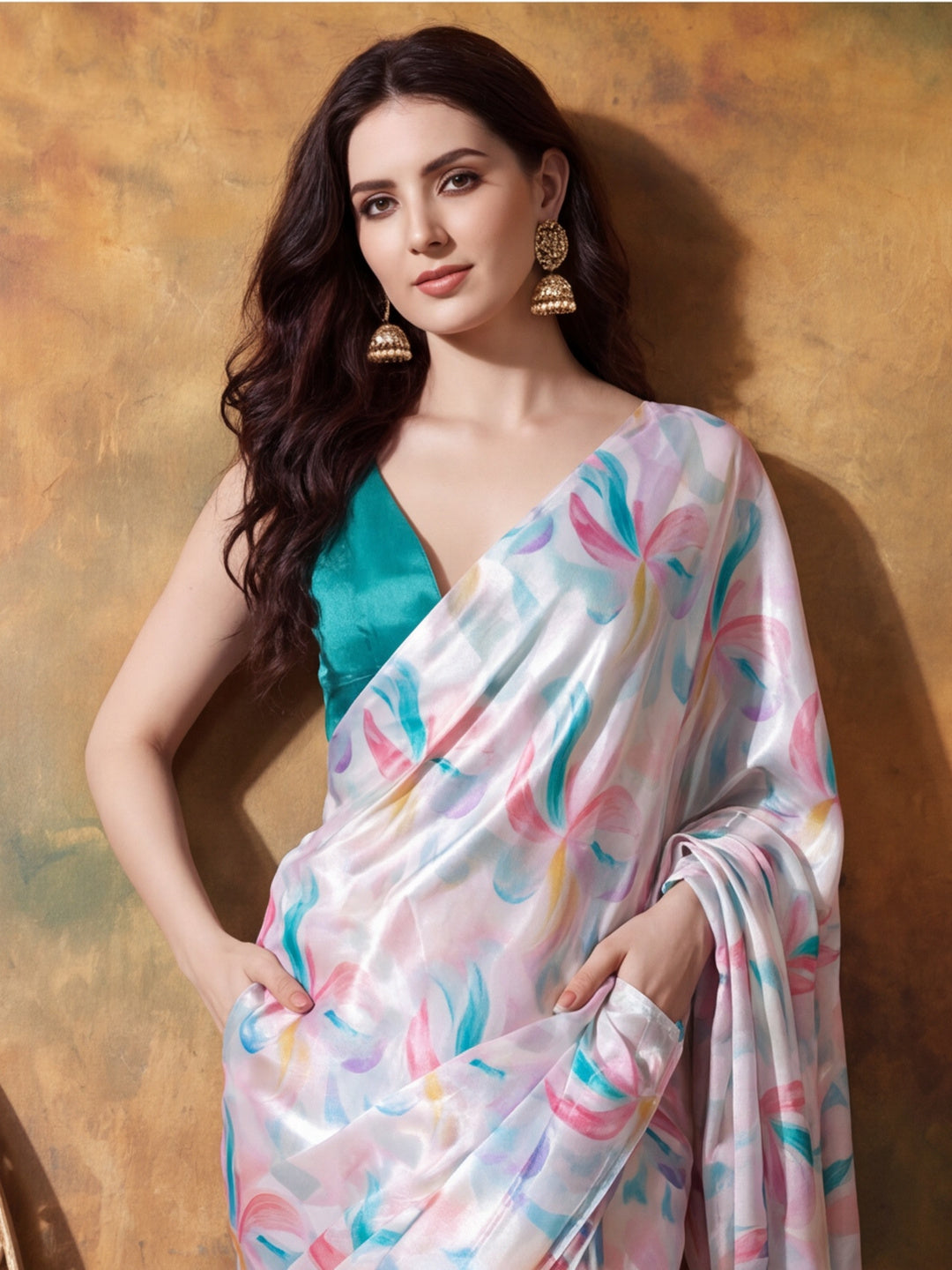 Trending Printed Chinon Ready To Wear Saree With Unstitched Blouse