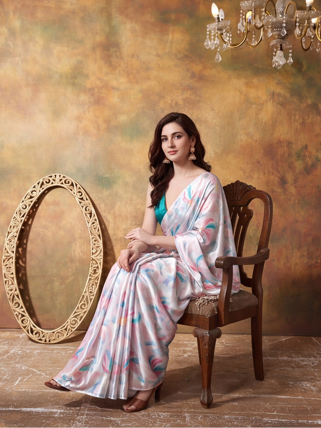 Trending Printed Chinon Ready To Wear Saree With Unstitched Blouse