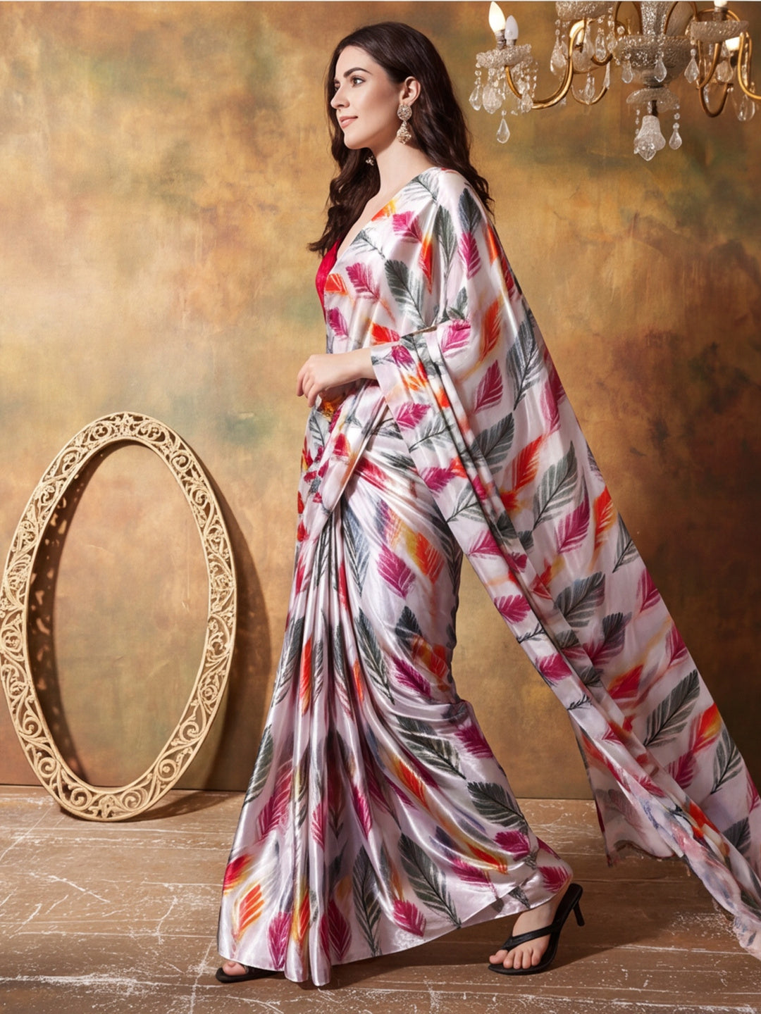 Trending Printed Chinon Ready To Wear Saree With Unstitched Blouse