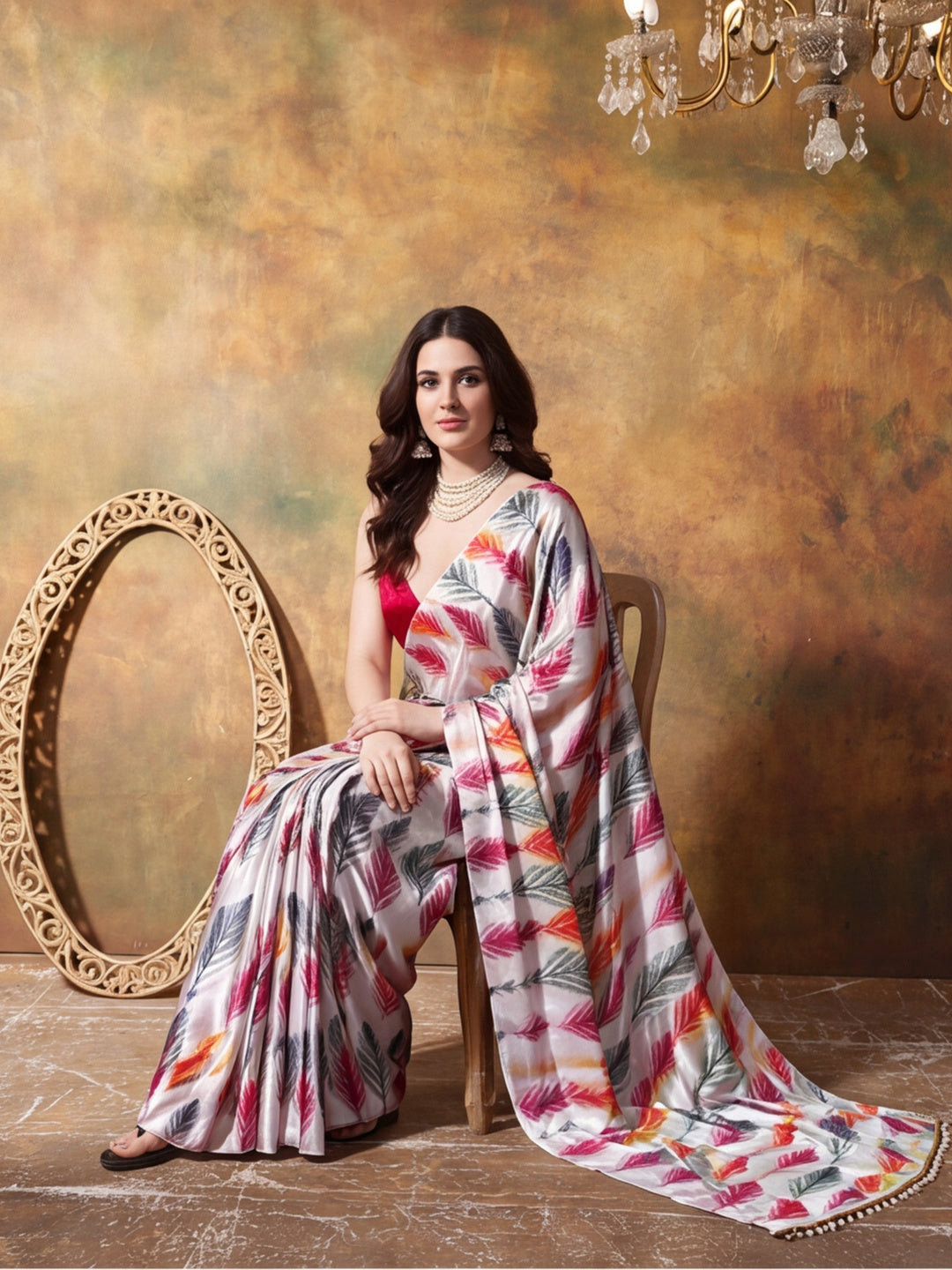 Trending Printed Chinon Ready To Wear Saree With Unstitched Blouse
