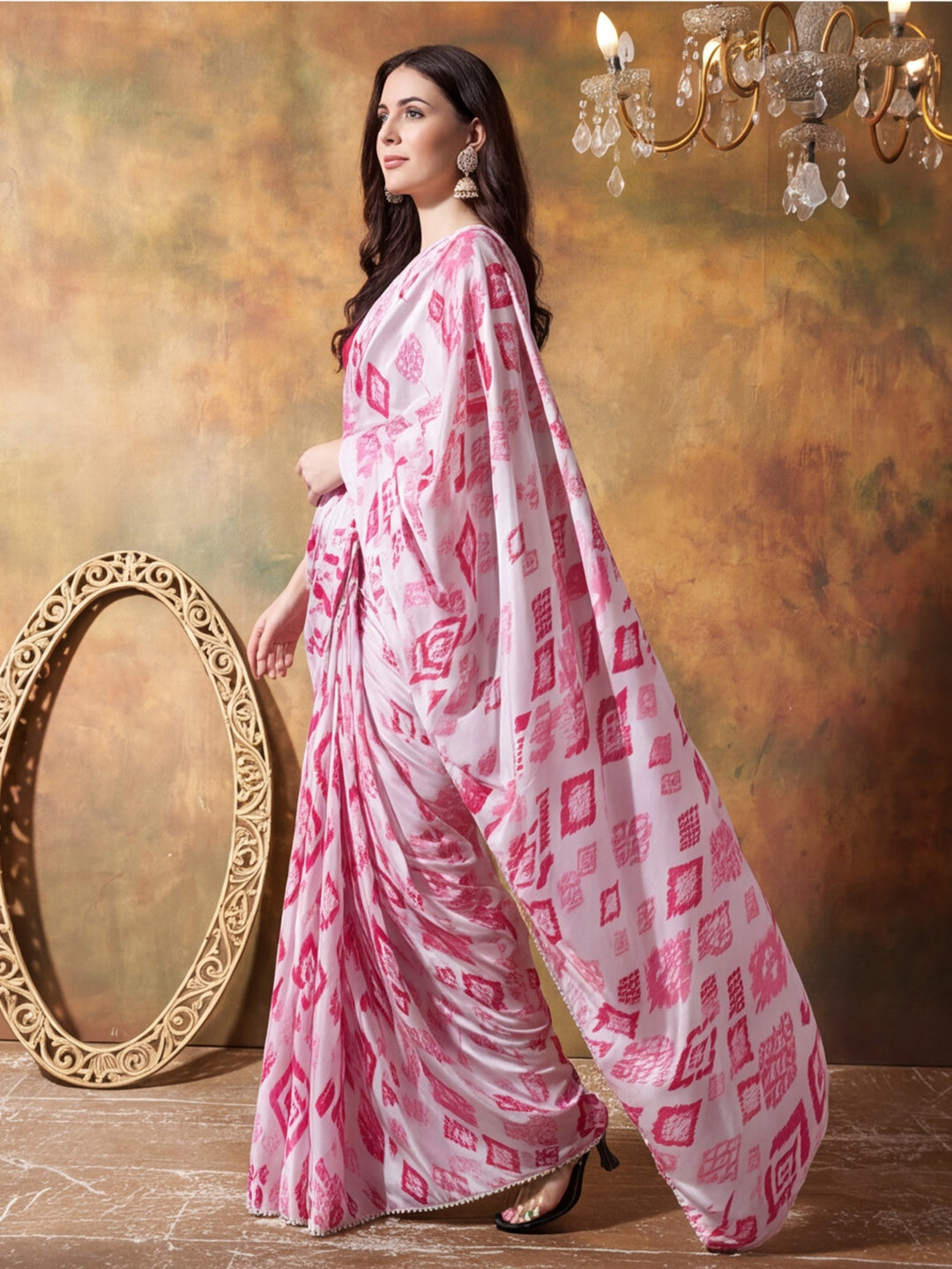 Trending Printed Chinon Ready To Wear Saree With Unstitched Blouse