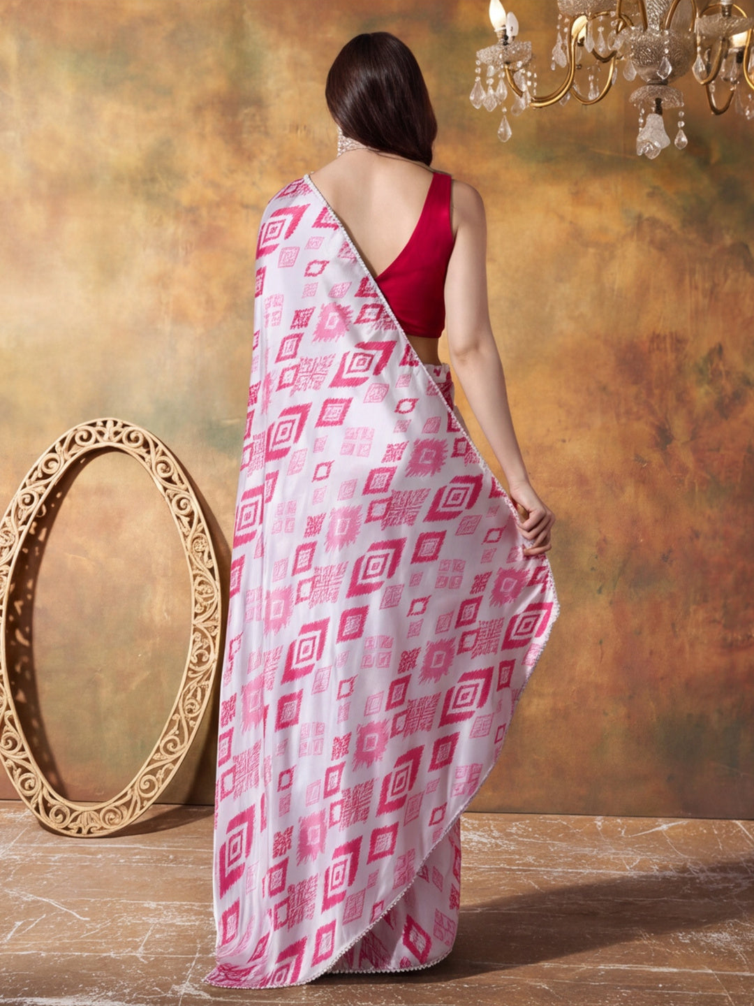 Trending Printed Chinon Ready To Wear Saree With Unstitched Blouse
