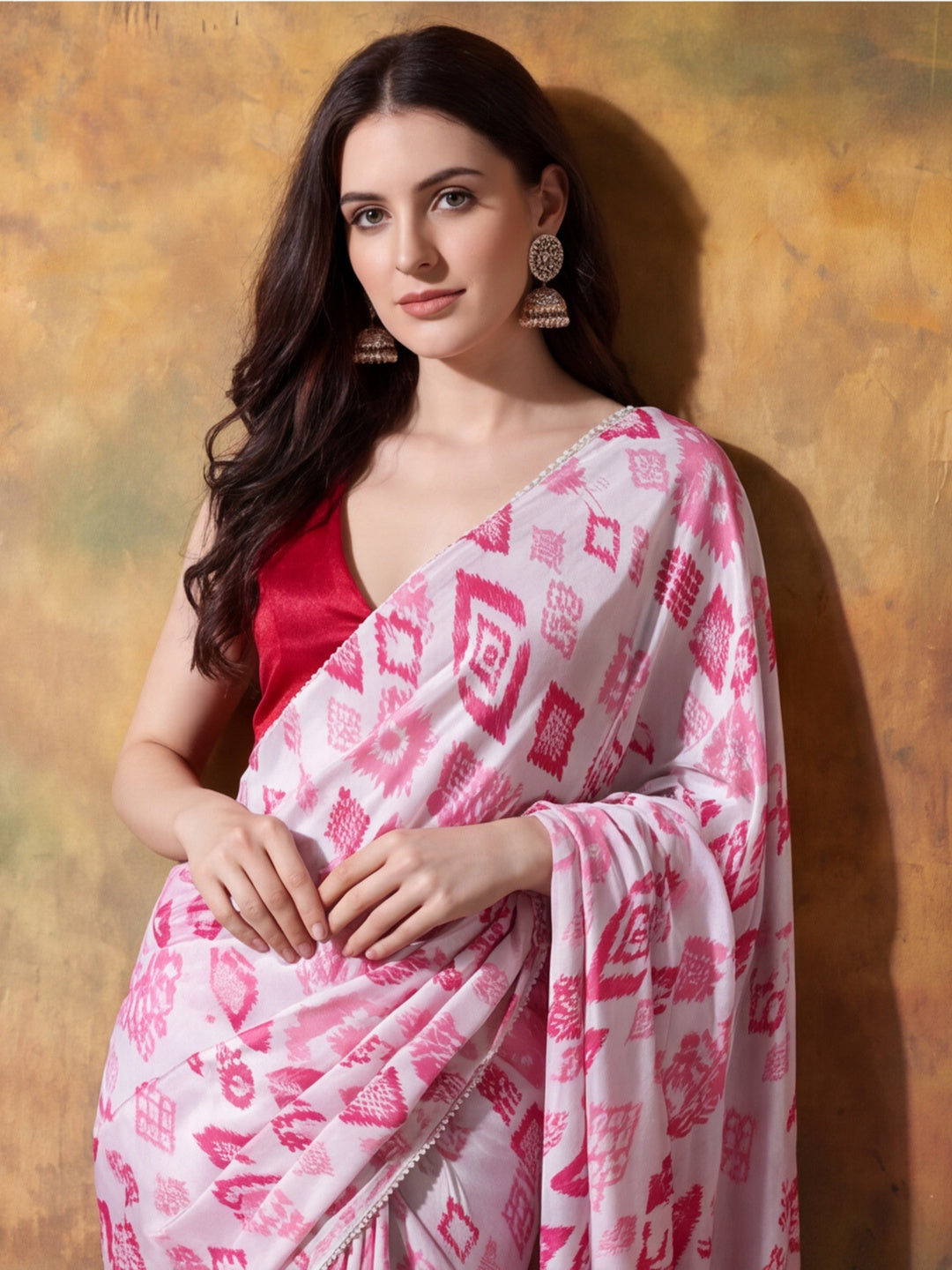 Trending Printed Chinon Ready To Wear Saree With Unstitched Blouse