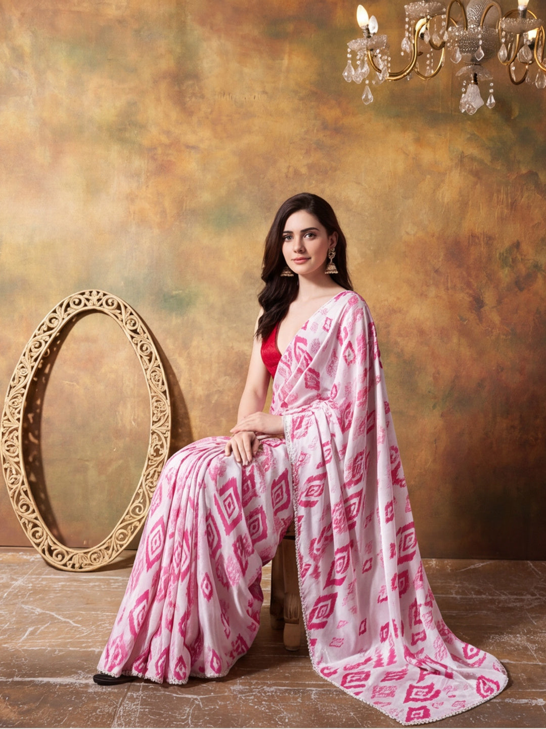Trending Printed Chinon Ready To Wear Saree With Unstitched Blouse