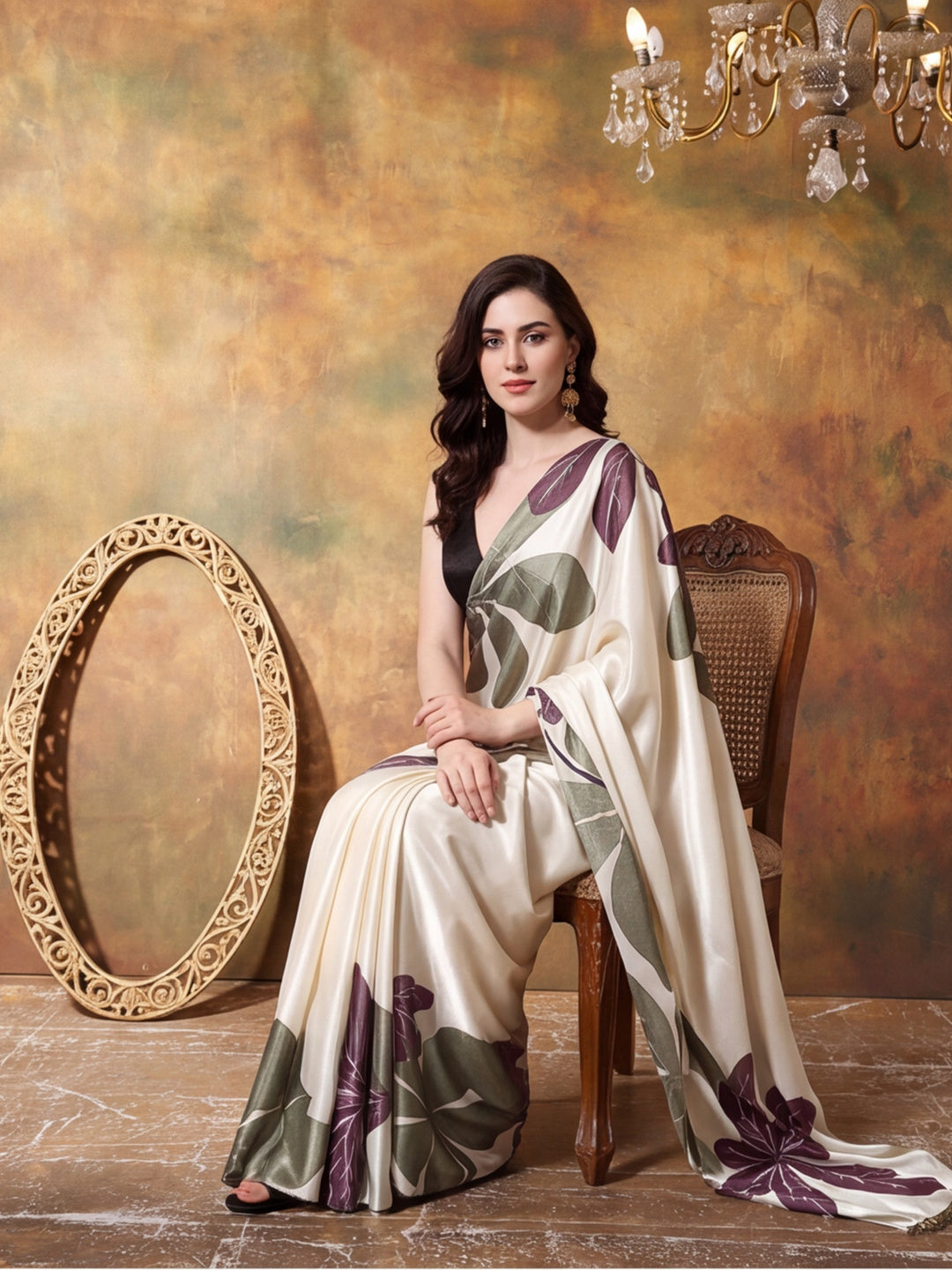 Trending Printed Chinon Ready To Wear Saree With Unstitched Blouse
