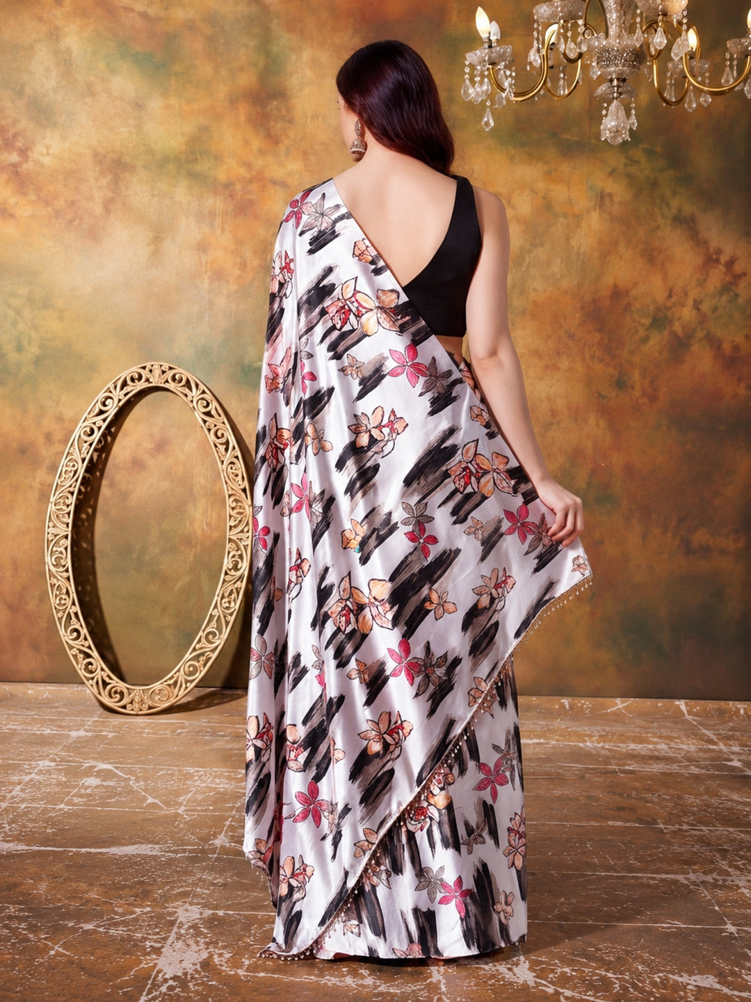 Trending Printed Chinon Ready To Wear Saree With Unstitched Blouse