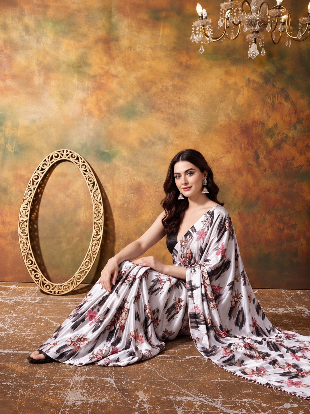 Trending Printed Chinon Ready To Wear Saree With Unstitched Blouse
