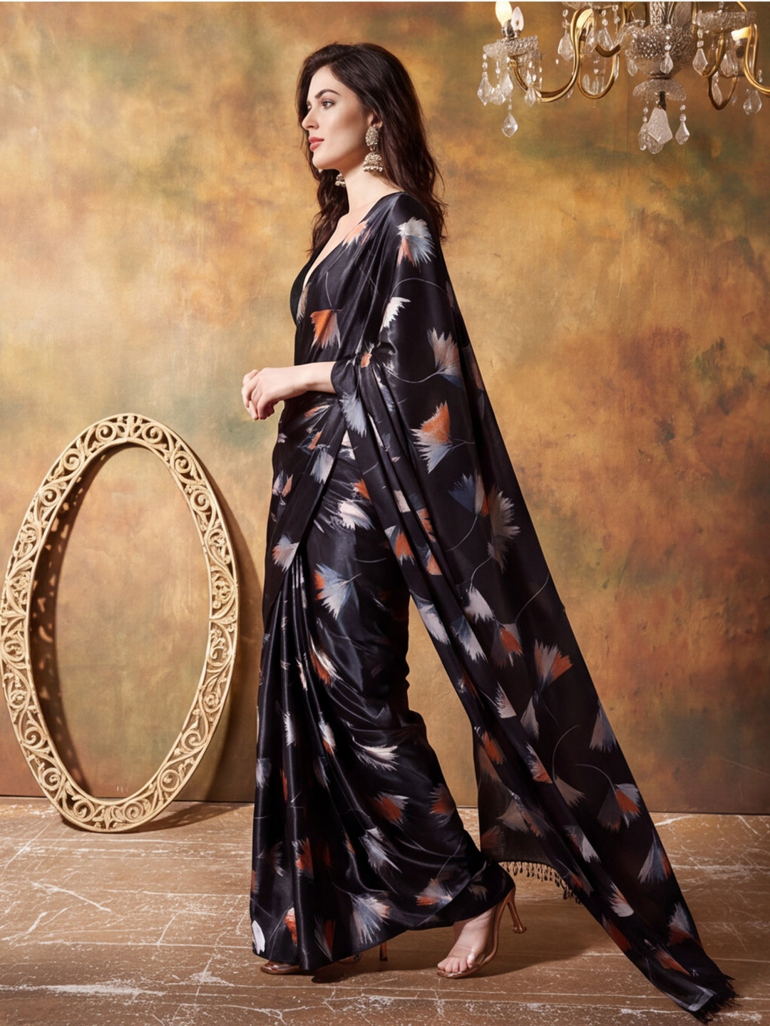 Trending Printed Chinon Ready To Wear Saree With Unstitched Blouse