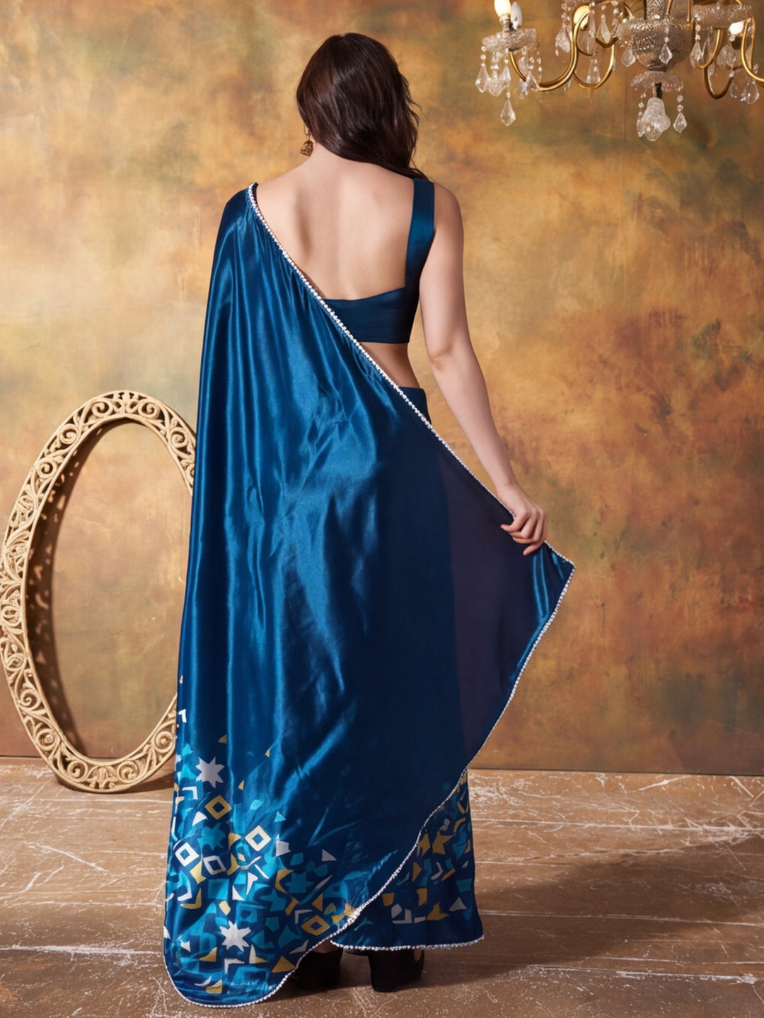 Trending Printed Chinon Ready To Wear Saree With Unstitched Blouse