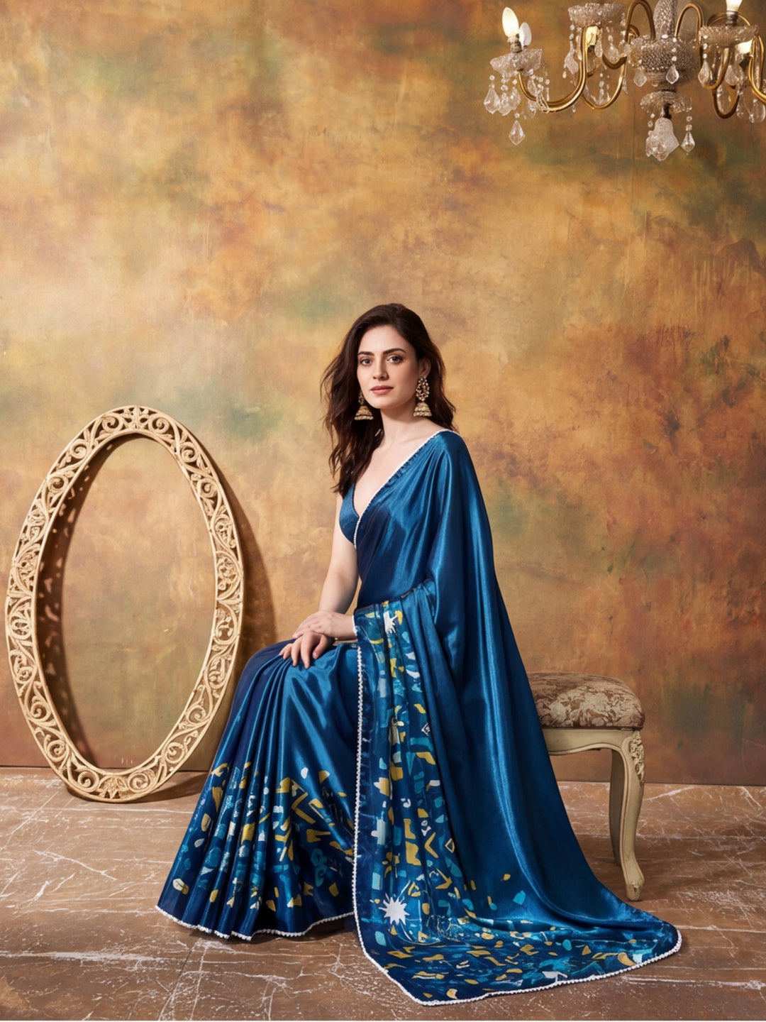 Trending Printed Chinon Ready To Wear Saree With Unstitched Blouse