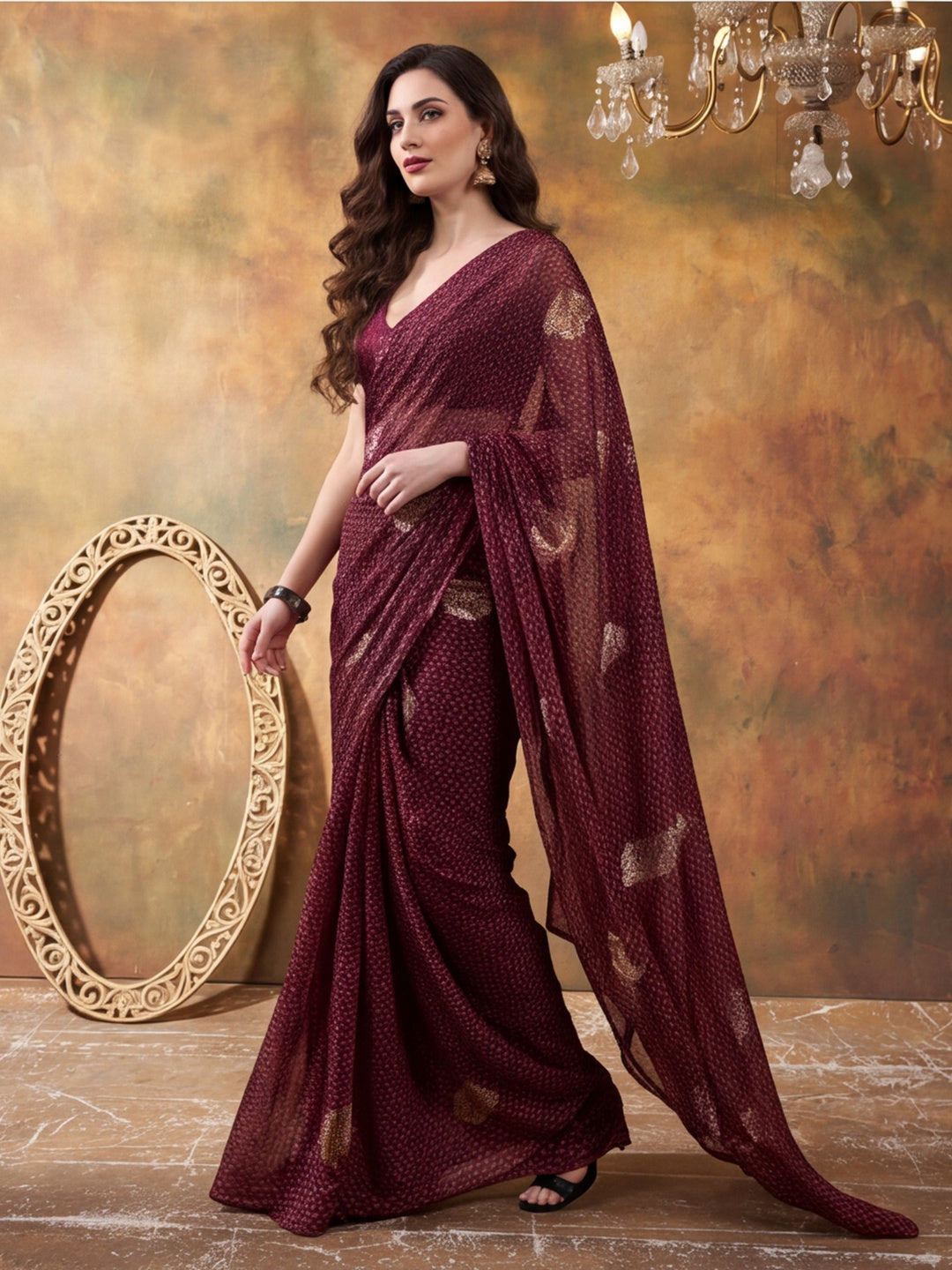 Foil Printed Georgette Ready To Wear Saree With Unstitched Blouse