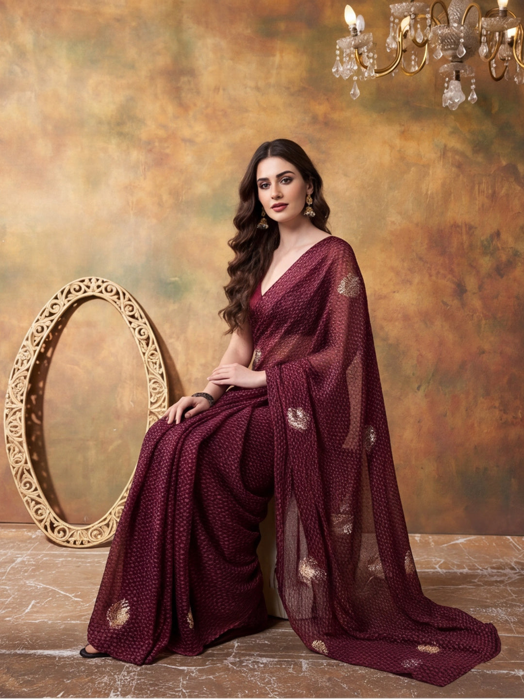 Foil Printed Georgette Ready To Wear Saree With Unstitched Blouse
