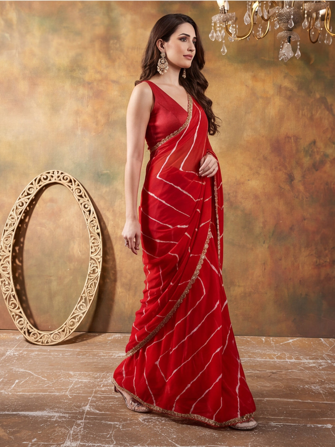 Embellished Laheriya Printed Georgette Ready To Wear Saree With Unstitched Blouse