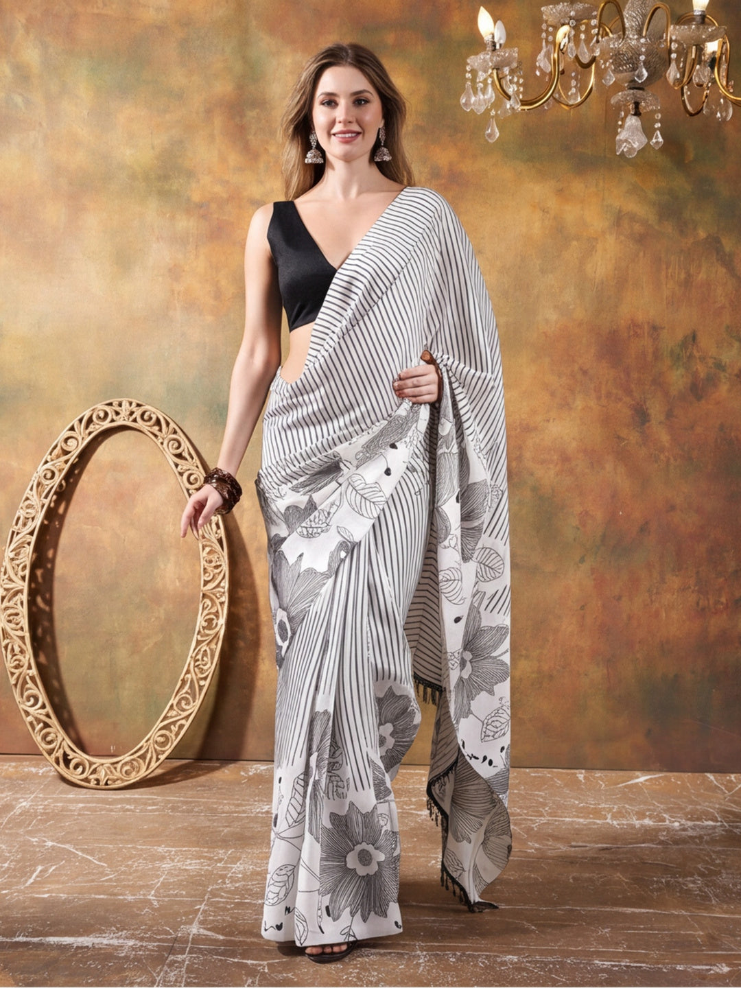 Beautiful Printed Chinon Ready To Wear Saree With Unstitched Blouse