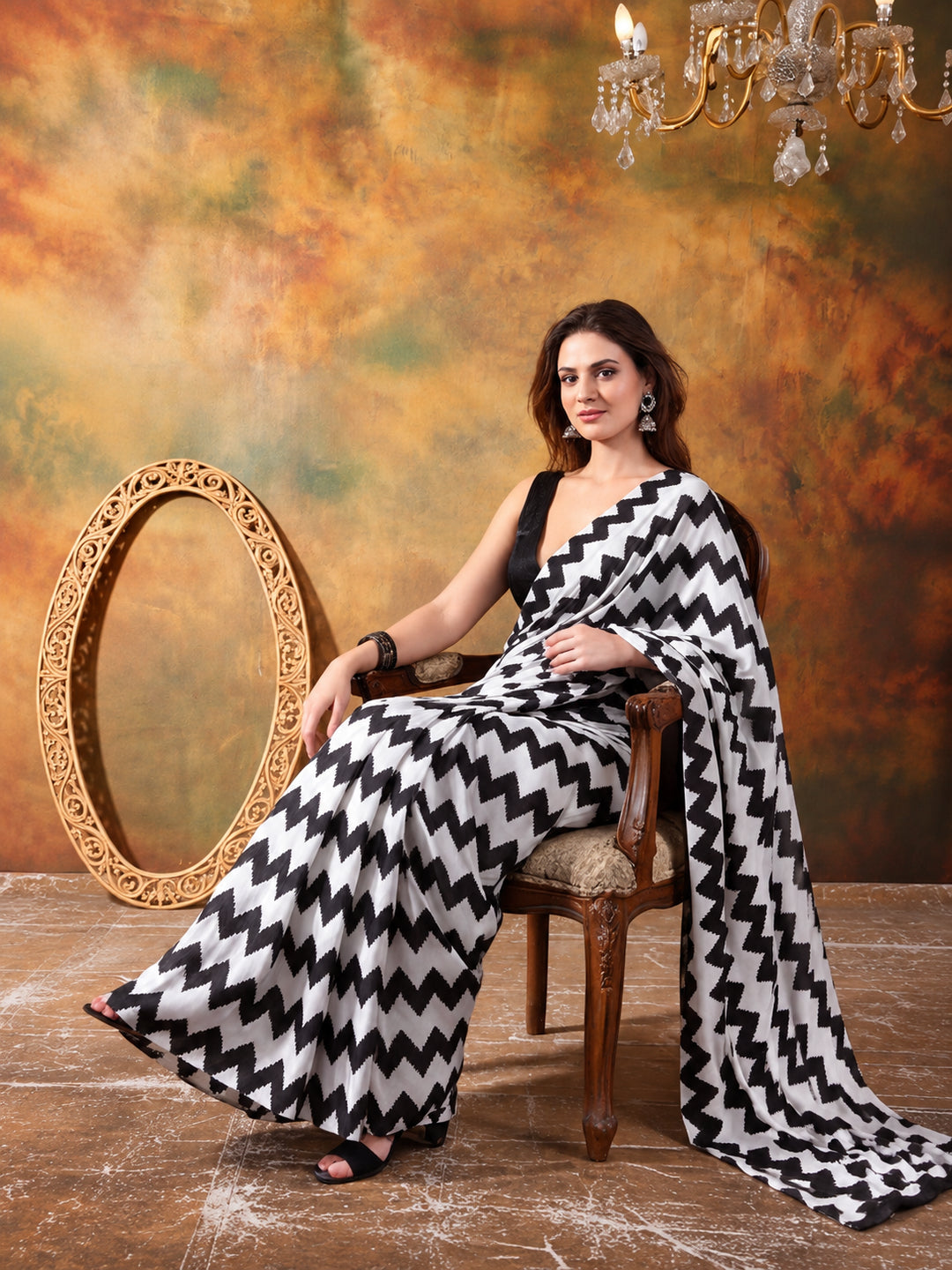 Beautiful Printed Chinon Ready To Wear Saree With Unstitched Blouse
