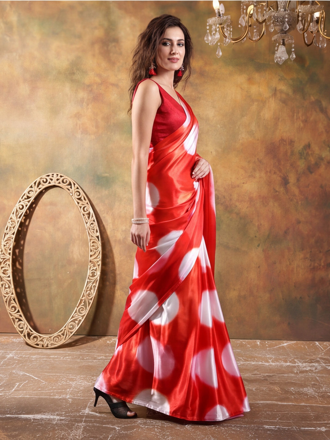 Beautiful Printed Chinon Ready To Wear Saree With Unstitched Blouse