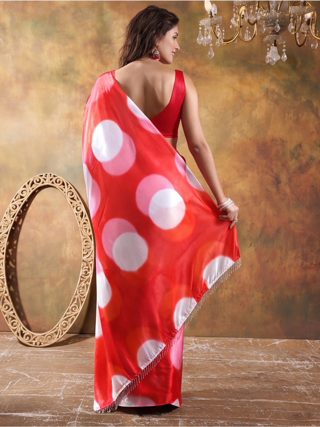 Beautiful Printed Chinon Ready To Wear Saree With Unstitched Blouse
